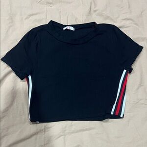 Black cropped T-Shirt with Striped Accents